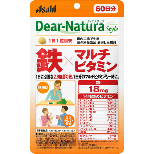 アサヒグループ食品 ディアナチュラスタイル 鉄 x マルチビタミン 60日分 60粒