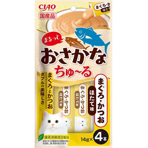 【ペット用】 いなばペットフード CIAO まるっとおさかなちゅ～る まぐろ・かつお ほたて味 14g x 4本