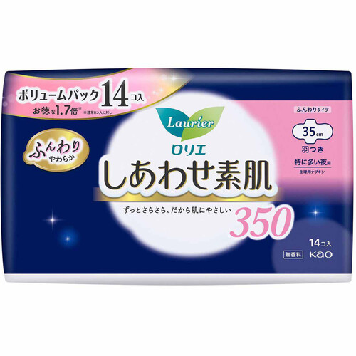 花王 ロリエ しあわせ素肌350 特に多い夜用 ふんわりタイプ 羽つき 35cm 14個