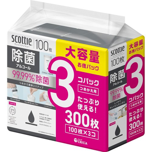 日本製紙クレシア スコッティ ウェットティシュー 除菌アルコールボトル つめかえ用 100枚 x 3個