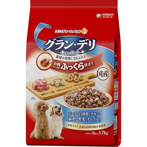 【ペット用】 ユニ・チャーム 【国産】グラン・デリ ふっくら仕立て 白身魚・チキン・緑黄色野菜・チーズ・角切りビーフ粒入り 1.7kg