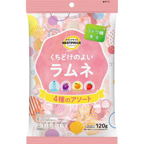 くちどけのよいラムネ 4種のアソート 120g トップバリュベストプライス