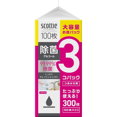 日本製紙クレシア スコッティ ウェットティシュー 除菌アルコールボトル つめかえ用 100枚 x 3個