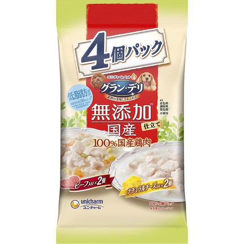 【ペット用】 ユニ・チャーム 国産グラン・デリ 無添加仕立て パウチ 成犬用 ビーフ入り x ナチュラルチーズ入り 70g x 4個