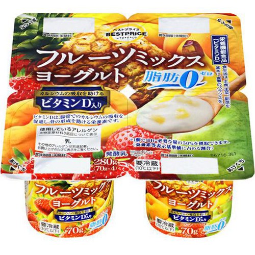 フルーツミックスヨーグルト 脂肪ゼロ 70g x 4個 トップバリュベスト
