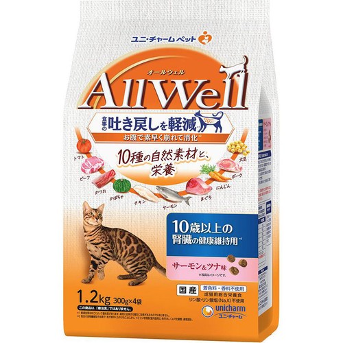 【ペット用】 ユニ・チャーム AllWell 10種の自然素材と栄養 10歳以上の腎臓の健康維持用 サーモン&ツナ味 1.2kg