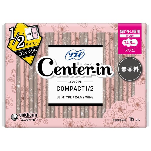 ユニ・チャーム センターインコンパクト1/2 スリム 特に多い昼用 羽つき 無香料 24.5cm 16枚