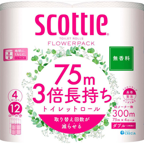 日本製紙クレシア スコッティフラワー3倍長持ちトイレットダブル無香消臭 75m x 4ロール