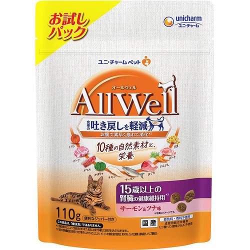 【ペット用】 ユニ・チャーム AllWell 10種の自然素材と栄養 15歳以上の腎臓の健康維持用 サーモン&ツナ味 110g
