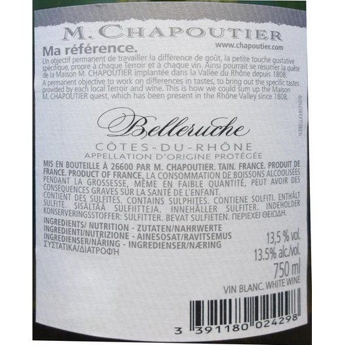 【フランス産】 Mシャプティエ コート・デュ・ローヌ ベルルーシュ ブラン 750ml