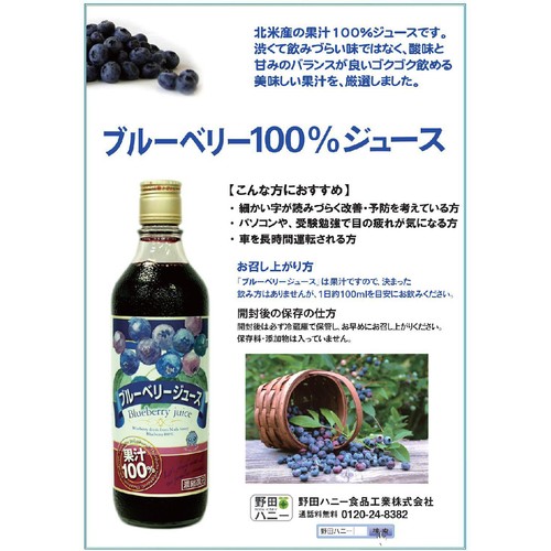 野田ハニー食品工業 ブルーベリー100%ジュース 500ml