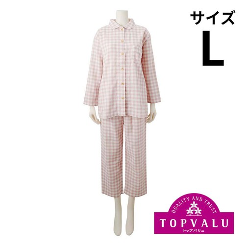 婦人 コットン二重ガーゼ長袖シャツパジャマ チェック L ピンク トップバリュ