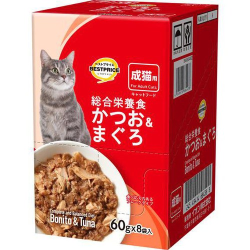 【ペット用】 キャットフード パウチ かつお&まぐろ ボール販売(総合) 60g x 8袋入 トップバリュベストプライス