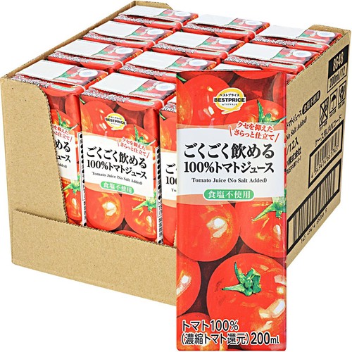 ごくごく飲める100％トマトジュース 食塩不使用 1ケース 200ml x 12本 トップバリュベストプライス