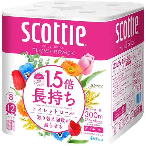 日本製紙クレシア スコッティフラワー 1.5倍長持ち トイレットロール ダブル 37.5m x 8ロール