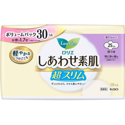 花王 ロリエ しあわせ素肌 通気超スリム 特に多い昼用 超スリムタイプ 羽つき 25cm 30個