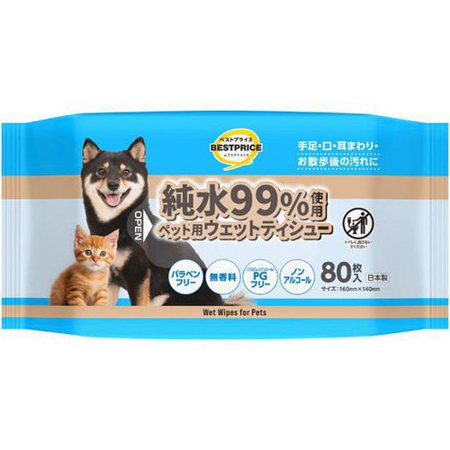 【ペット用】 純水99%使用 ペット用ウエットティシュー 80枚 x 3個 トップバリュベストプライス