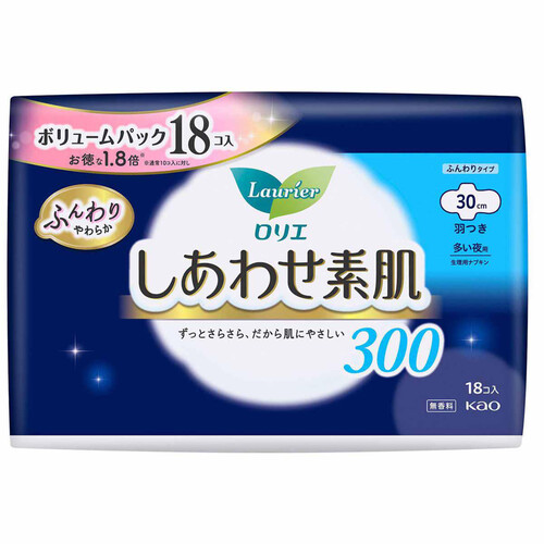 花王 ロリエ しあわせ素肌300 多い夜用 ふんわりタイプ 羽つき 30cm 18個