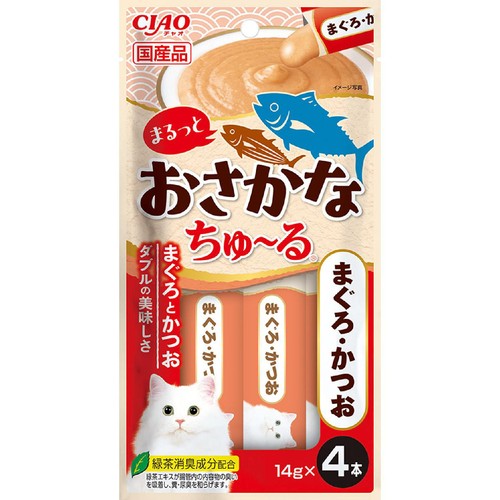【ペット用】 いなばペットフード CIAO まるっとおさかなちゅ～る まぐろ・かつお 14g x 4本