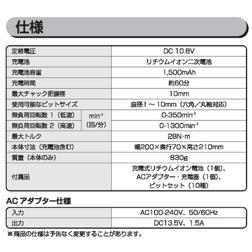 アイリスオーヤマ 10.8V 充電式ドライバドリル JCD28