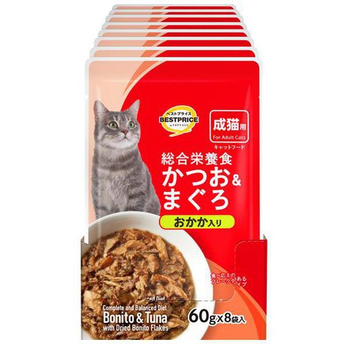 【ペット用】 キャットフードパウチ かつお&まぐろ おかか入り ボール販売(総合) 60g x 8袋入 トップバリュベストプライス