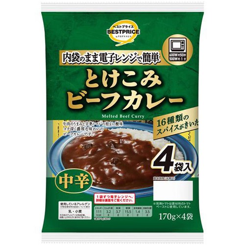 とけこみビーフカレー 中辛 170g x 4袋入 トップバリュベストプライス