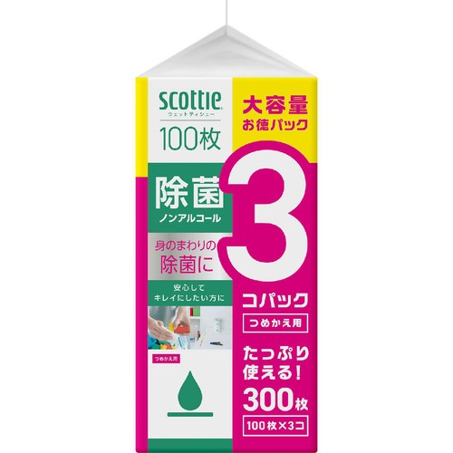 日本製紙クレシア スコッティ ウェットティシュー 除菌ノンアルコール ボトル つめかえ用 100枚 x 3個