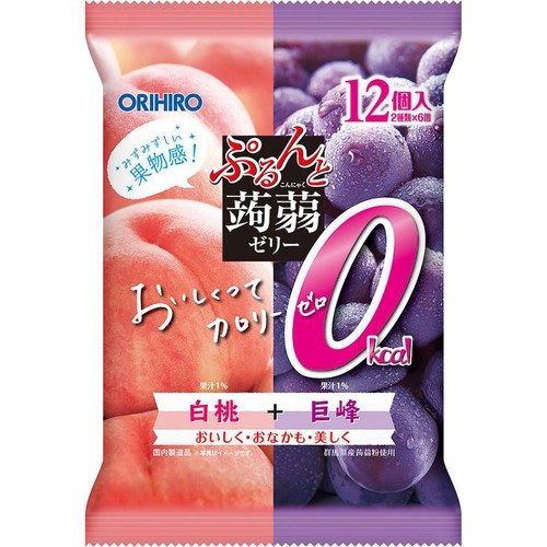 オリヒロ ぷるんと蒟蒻ゼリー パウチ カロリーゼロ 白桃+巨峰 12個