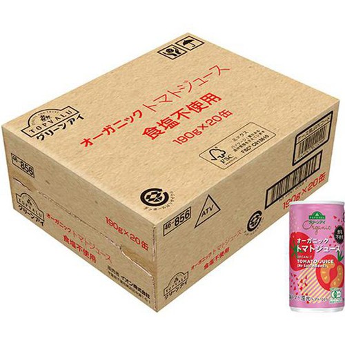 オーガニックトマトジュース食塩不使用(ケース) 190g x 20本 トップバリュ グリーンアイ