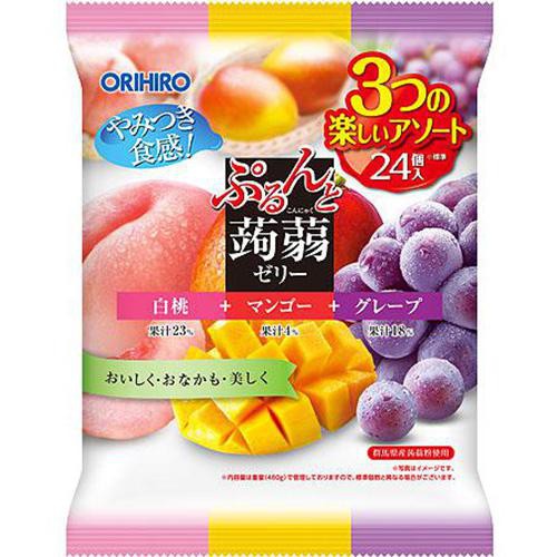 オリヒロ ぷるんと蒟蒻ゼリー パウチ 大袋 白桃+マンゴー+グレープ 24個