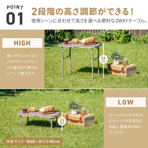 2WAYアルミテーブル 幅60 x 奥行40cm FT25-6040(VGY)