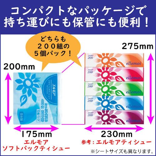 カミ商事 エルモア ソフトパックティッシュ 200組 5個