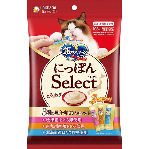 【ペット用】 ユニ・チャーム 国産 銀のスプーン にっぽんSelect とろリッチ 3種の魚介・鶏ささみ味アソート  108g