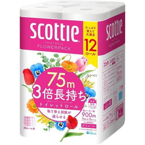 日本製紙クレシア スコッティフラワー3倍長持ちダブル12ロール 75m x 12ロール
