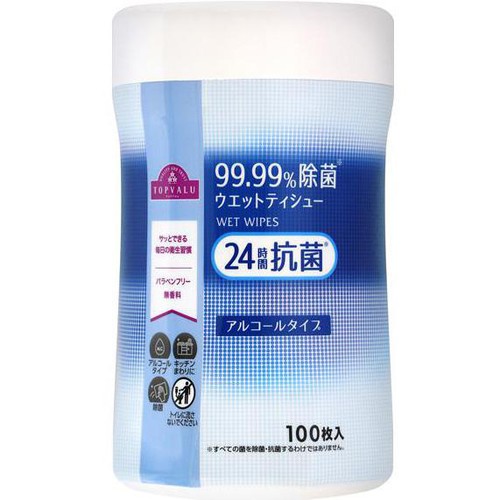 24時間抗菌 99.99%除菌ウエット アルコール 本体 100枚 トップバリュ