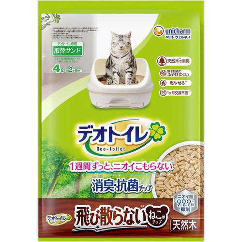 【ペット用】 ユニ・チャーム デオトイレ 消臭・抗菌チップ 天然木 飛び散らない ねこ型チップ 4L