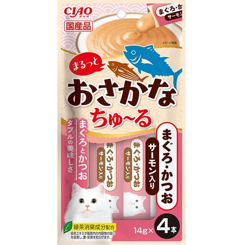 【ペット用】 いなばペットフード CIAO まるっとおさかなちゅ～る まぐろ・かつお サーモン入り 14g x 4本