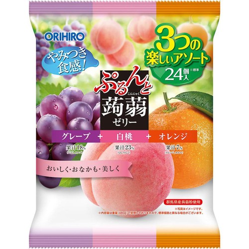 オリヒロ ぷるんと蒟蒻ゼリー パウチ 大袋 グレープ + 白桃 + オレンジ 24個入