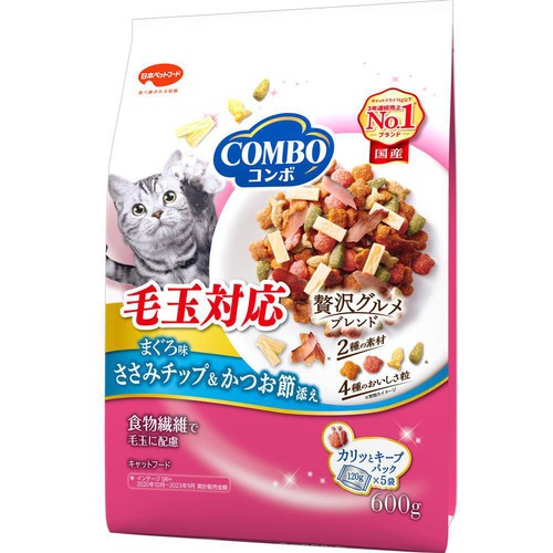 【ペット用】 日本ペットフード コンボ 毛玉対応 まぐろ味 ささみチップ&かつお節添え 600g(120g x 5)
