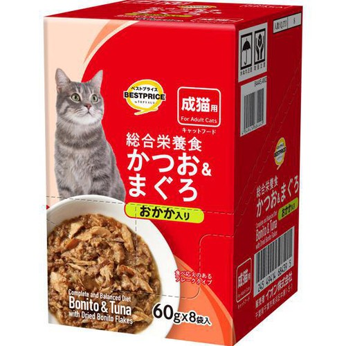 【ペット用】 キャットフードパウチ かつお&まぐろ おかか入り ボール販売(総合) 60g x 8袋入 トップバリュベストプライス