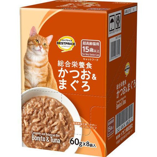 【ペット用】 キャットフードパウチ かつお&まぐろ 超高齢猫用 ボール(総合) 60g x 8袋入 トップバリュベストプライス