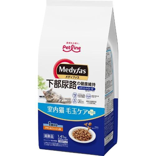 【ペット用】 ペットライン メディファス 室内猫毛玉ケアプラス 1歳から チキン&フィッシュ味 1.41kg