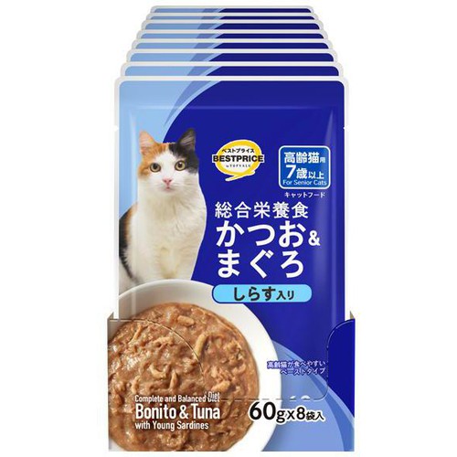 【ペット用】 キャットフードパウチ かつお&まぐろ しらす 高齢猫用ボール(総合) 60g x 8袋入 トップバリュベストプライス