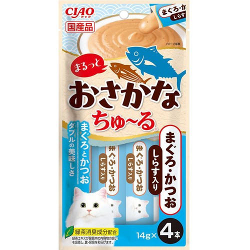 【ペット用】 いなばペットフード CIAO まるっとおさかなちゅ～る まぐろ・かつお しらす入り 14g x 4本