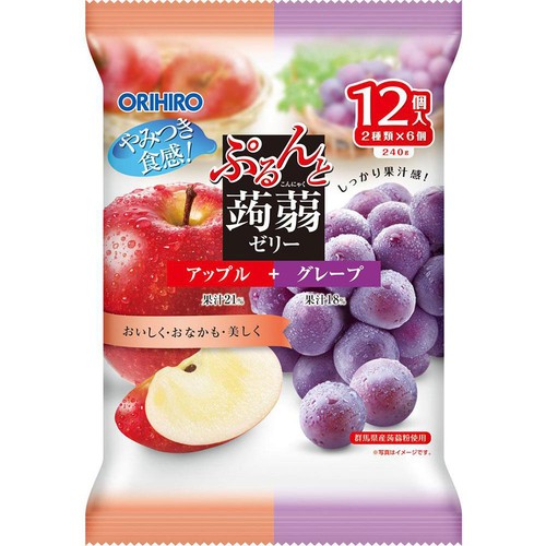 オリヒロ ぷるんと蒟蒻ゼリー パウチ アップル+グレープ 12個