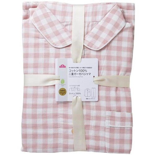 婦人 コットン二重ガーゼ長袖シャツパジャマ チェック M ピンク トップ