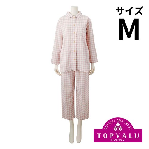 婦人 コットン二重ガーゼ長袖シャツパジャマ チェック M ピンク トップバリュ