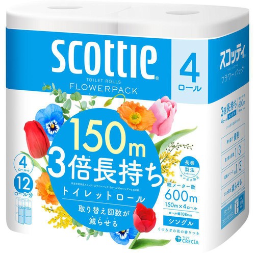 日本製紙クレシア スコッティフラワー 3倍長持ち シングル 150m x 4ロール