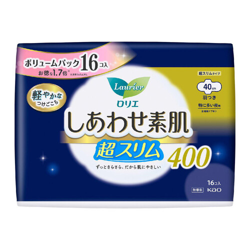 花王 ロリエ しあわせ素肌 超スリム400 特に多い夜用 羽つき 40cm 16個