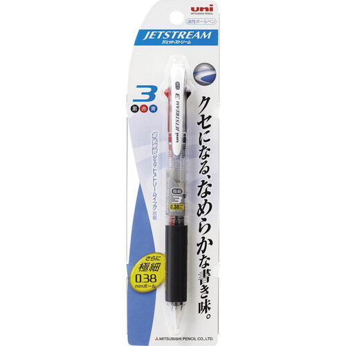 三菱鉛筆 ジェットストリーム 3色ボールペン 黒・赤・青 透明 0.38mm 油性